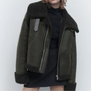 Zara Double Faced Green Aviator Faux Suede Sherpa Blogger Favorite Jacket Medium